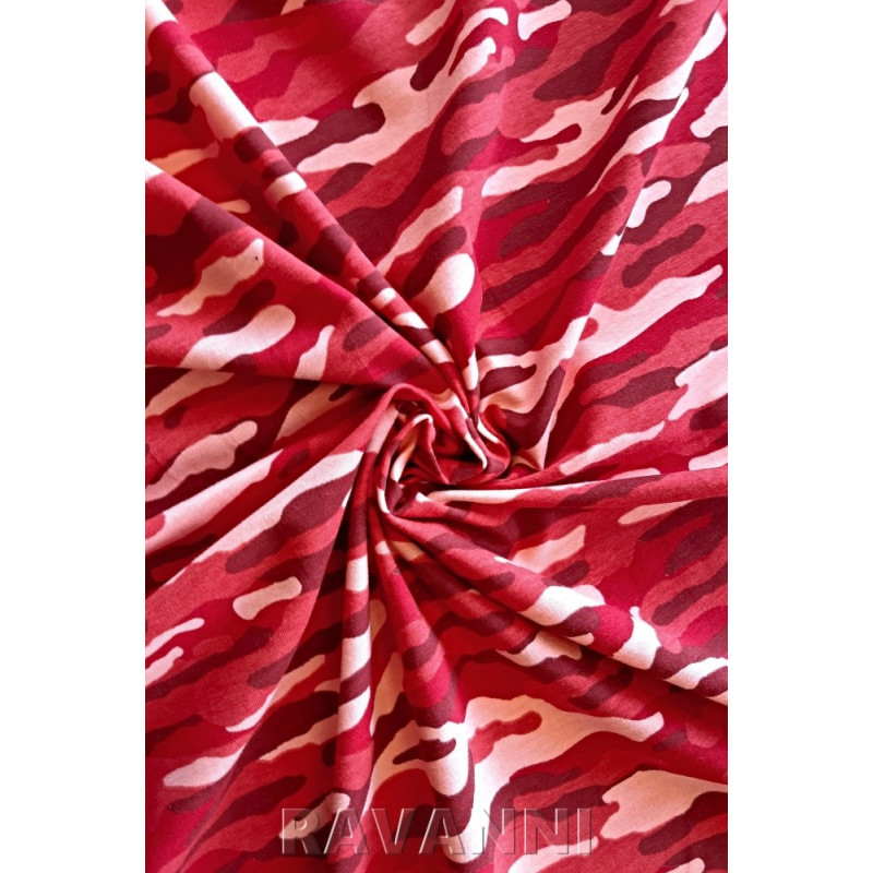 Bavlněný úplet s potiskem - červený maskáč