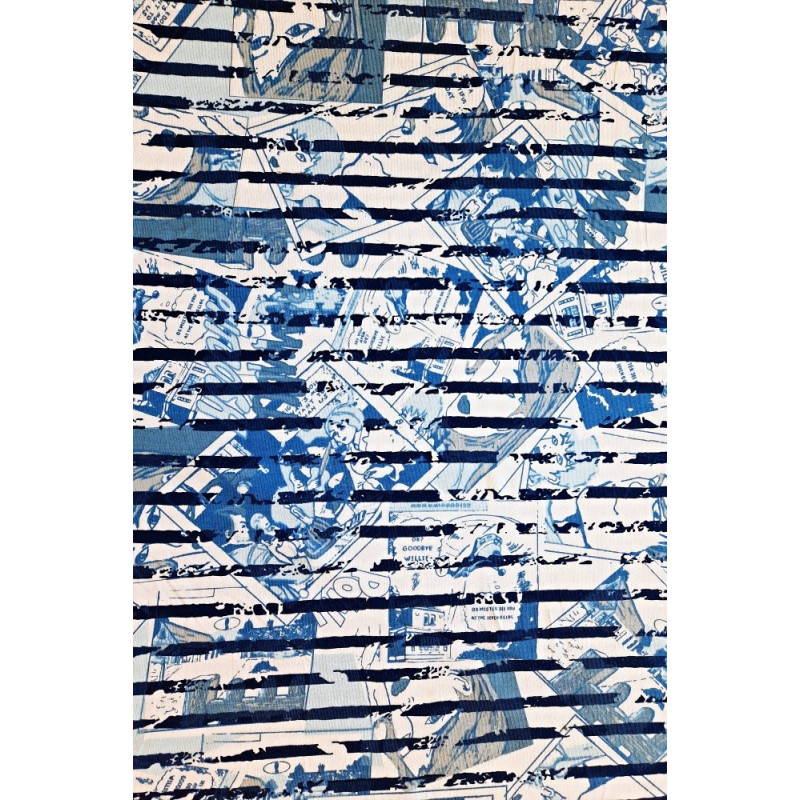 Bavlněný úplet s potiskem - komiks pruhy modré