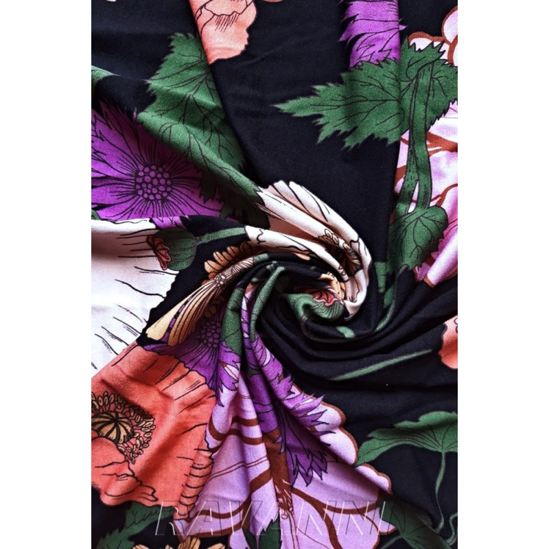 Viskóza tisk letní květy - černá, Itálie, prémiová kvalita
