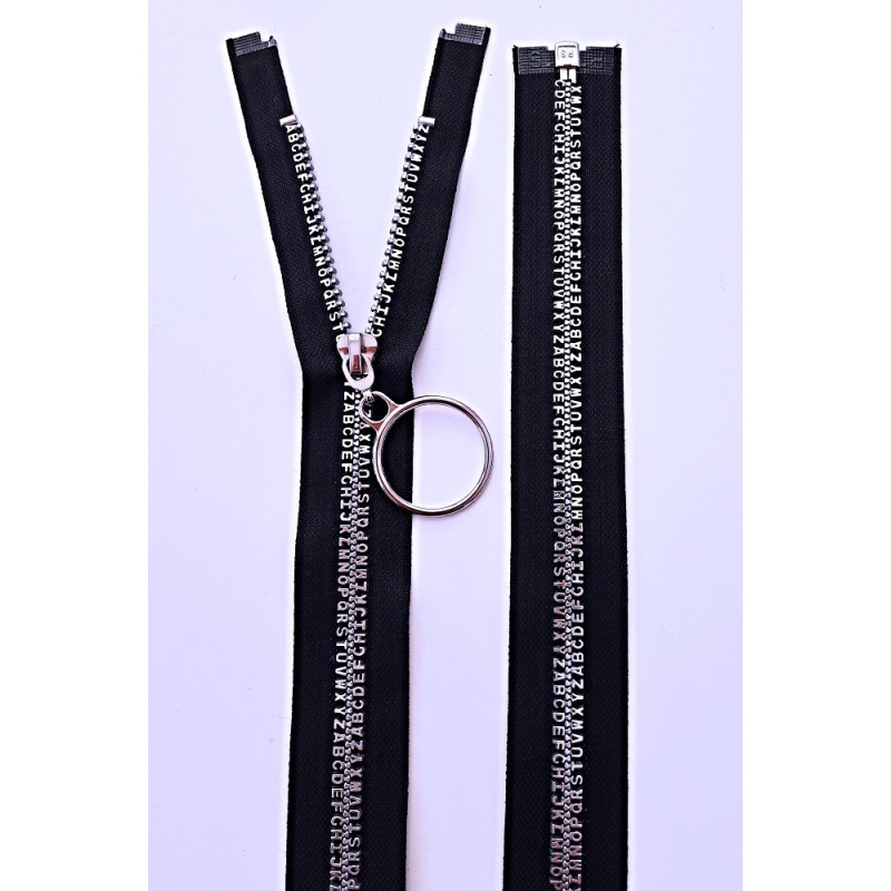 Dlouhý zip dělitelný - písmenka 80 cm, zuby 8 mm, černá/stříbrná