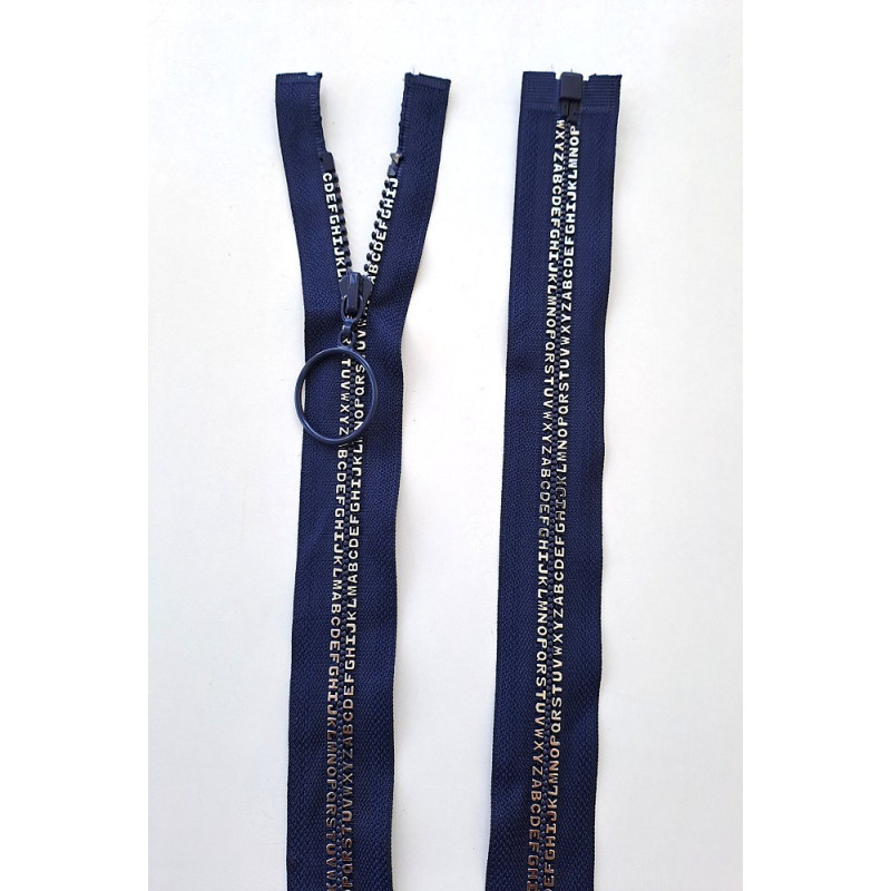 Dlouhý zip dělitelný - písmenka 70 cm, zuby 8 mm, modrá/stříbrná