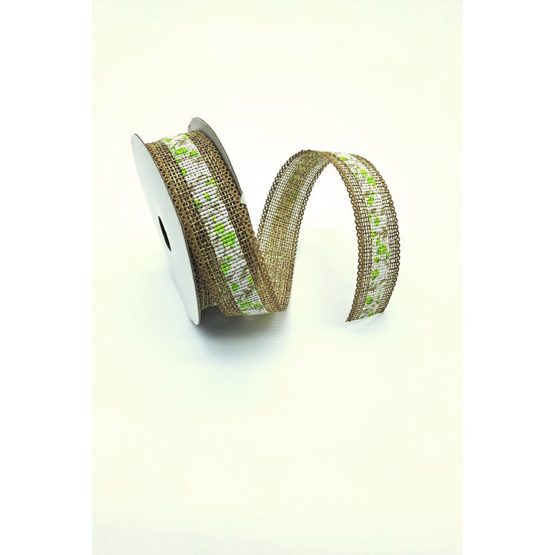 Stuha juta, režná s potiskem zelená, 25