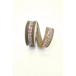 Stuha juta, režná s potiskem růžová, 25