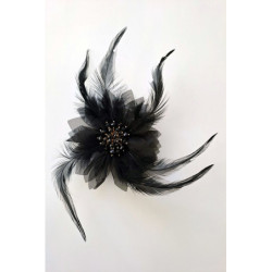 Brož/aplikace, textilní květ s korálky, černá