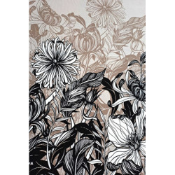 Viskóza tisk - černobílé květy na béžové, raport 75 cm, panel
