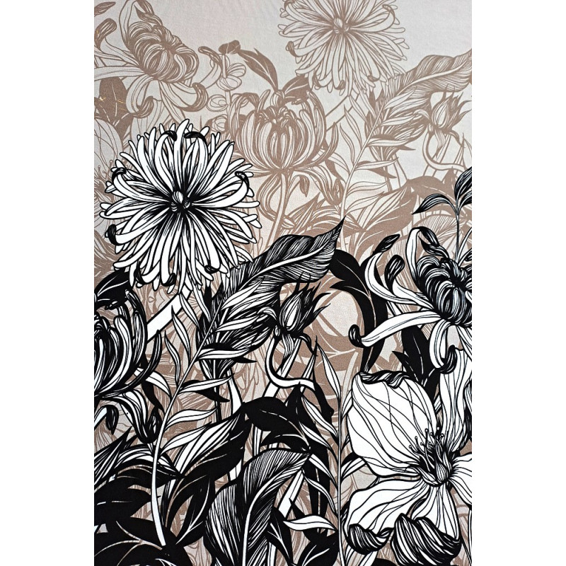 Viskóza tisk - černobílé květy na béžové, raport 75 cm, panel