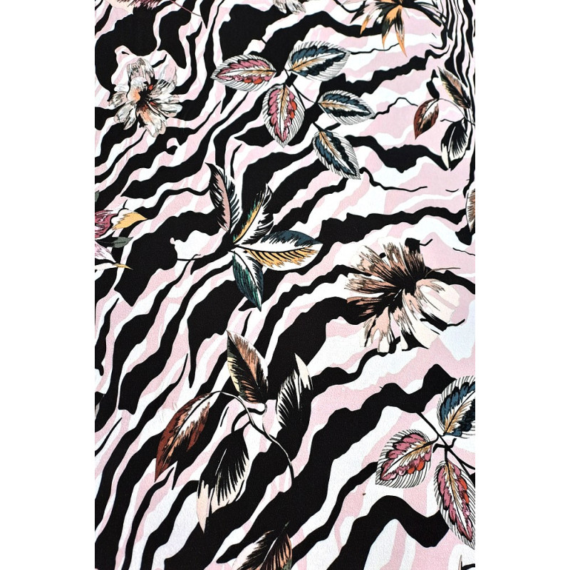 Viskóza tisk - černá/bílá/pudrová linie s listy, prémiová kvalita