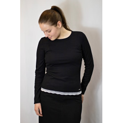 Damen-Ripp-Shirt mit Spitze, Langarm, schwarz