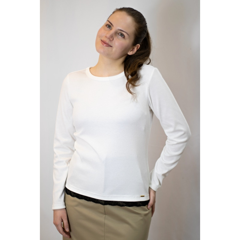Damen-Ripp-Shirt mit Spitze, Langarm, cremefarben