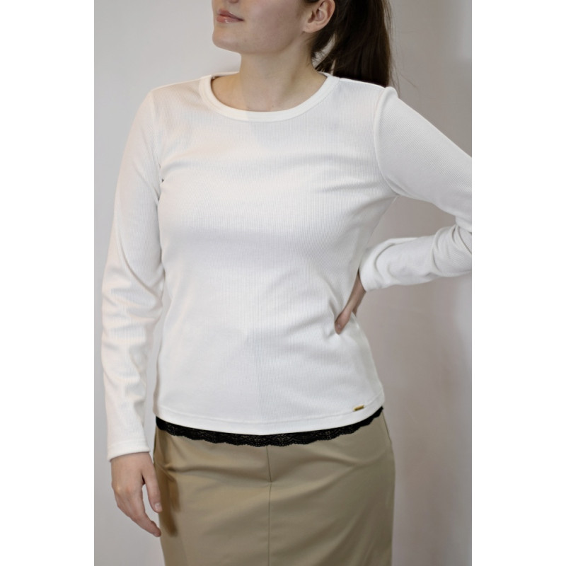 Damen-Ripp-Shirt mit Spitze, Langarm, cremefarben