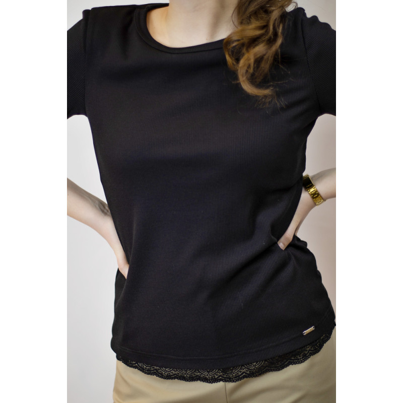 Damen-Ripp-Shirt mit Spitze, Kurzarm, schwarz