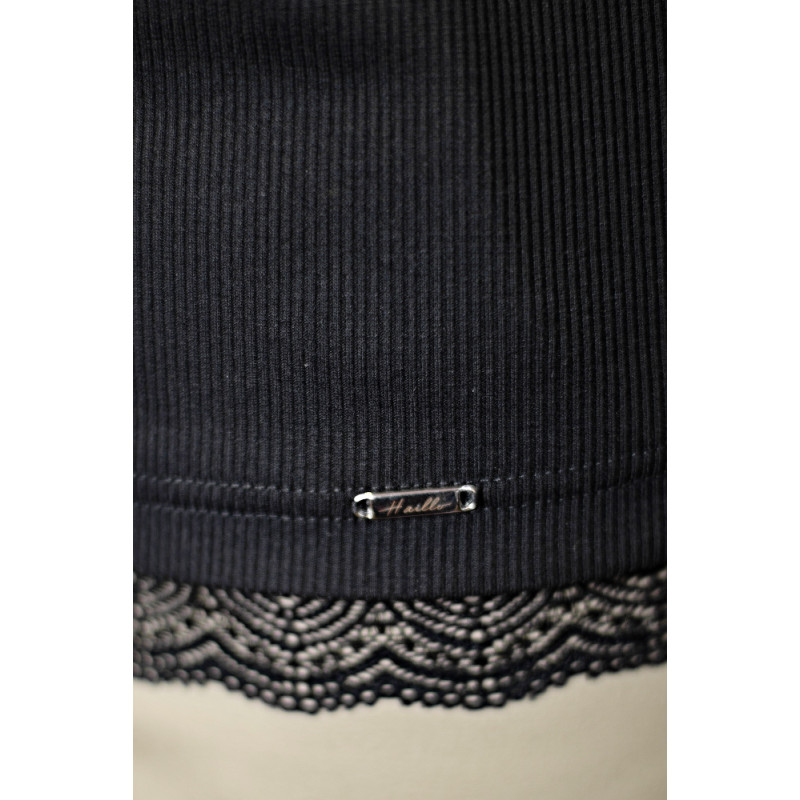 Damen-Ripp-Shirt mit Spitze, Kurzarm, schwarz