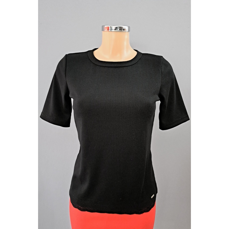 Damen-Ripp-Shirt mit Spitze, Kurzarm, schwarz