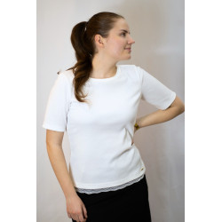 Damen-Ripp-Shirt mit Spitze, Kurzarm, cremefarben