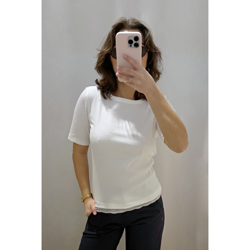 Damen-Ripp-Shirt mit Spitze, Kurzarm, cremefarben