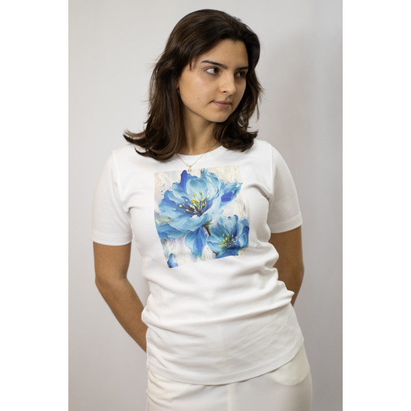 Damen-T-Shirt mit „blauen Blumen“-Print, Kurzarm