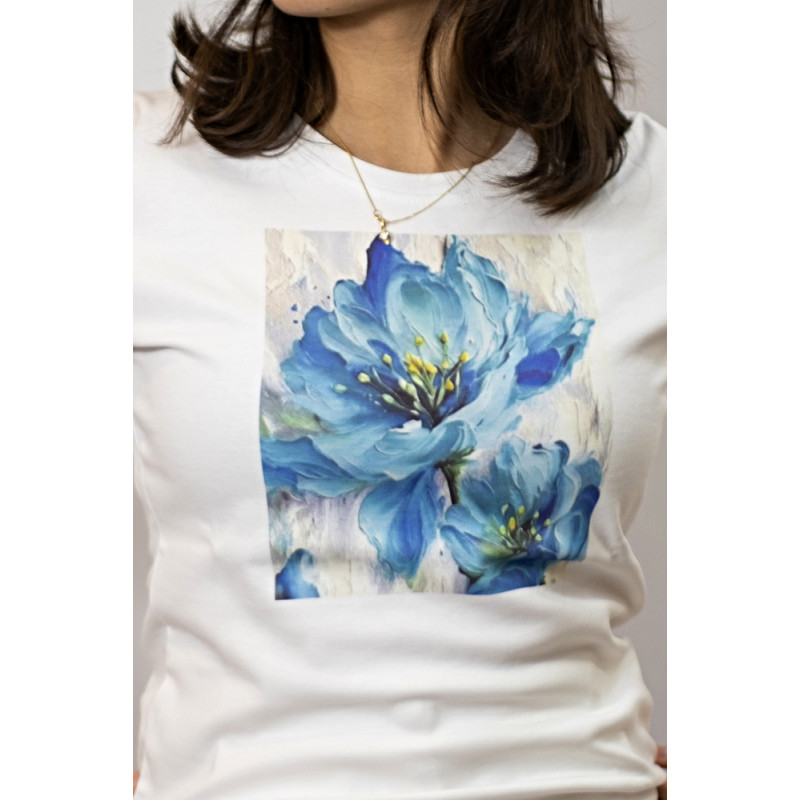 Damen-T-Shirt mit „blauen Blumen“-Print, Kurzarm