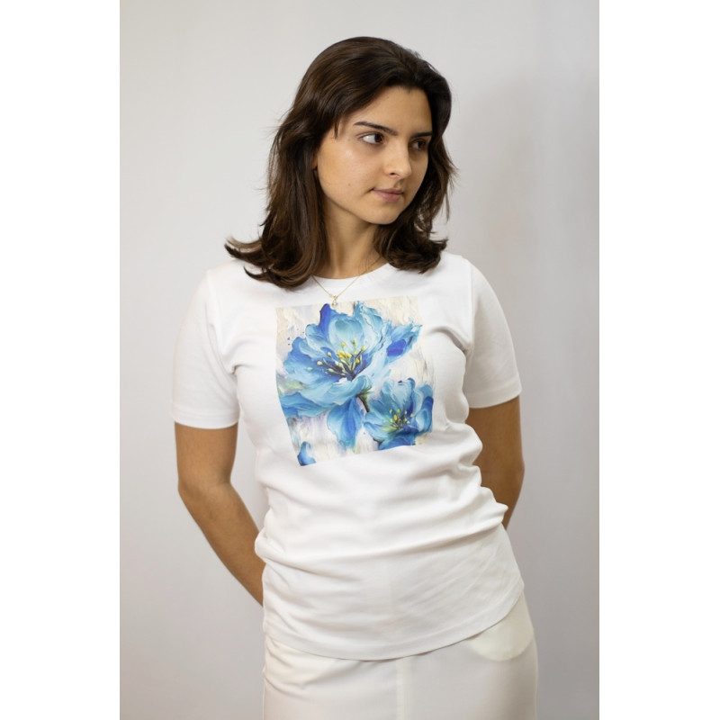 Damen-T-Shirt mit „blauen Blumen“-Print, Kurzarm