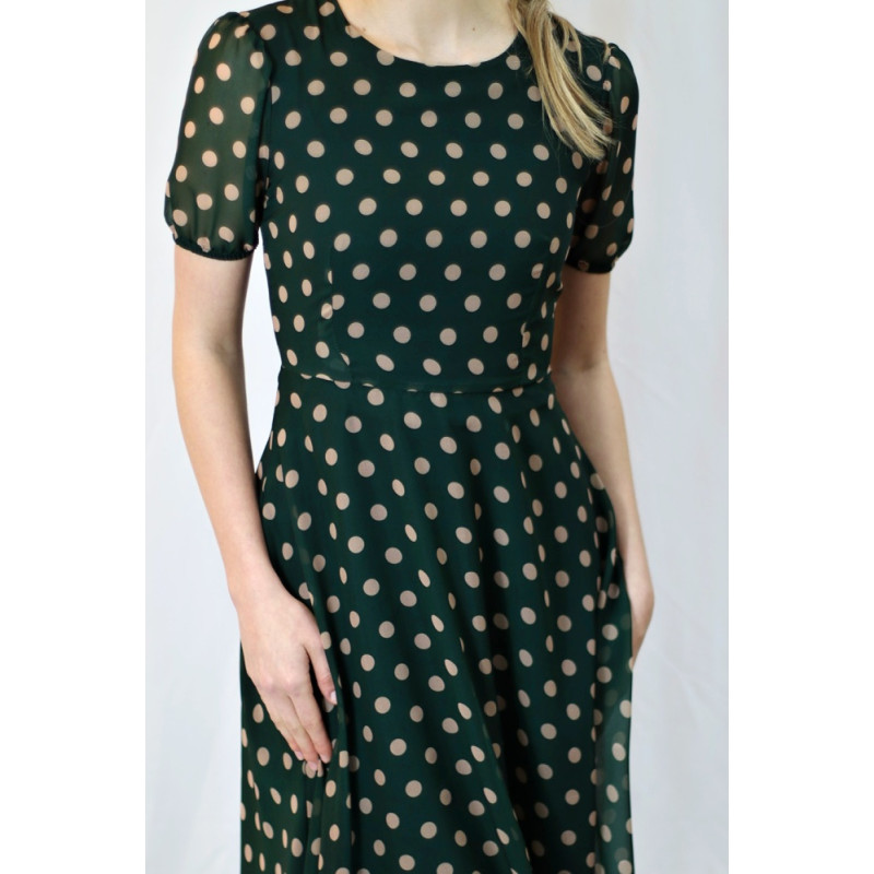Damen-Chiffonkleid mit Punkten, dunkelgrün