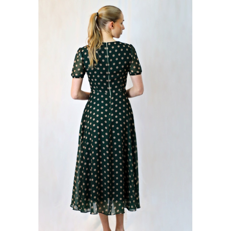 Damen-Chiffonkleid mit Punkten, dunkelgrün