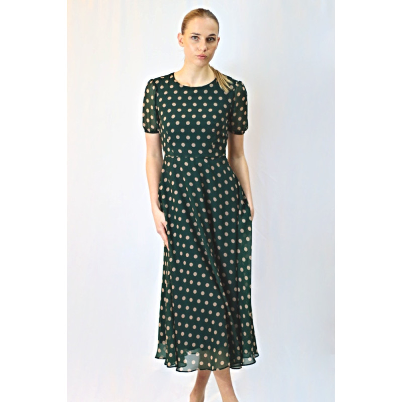 Damen-Chiffonkleid mit Punkten, dunkelgrün