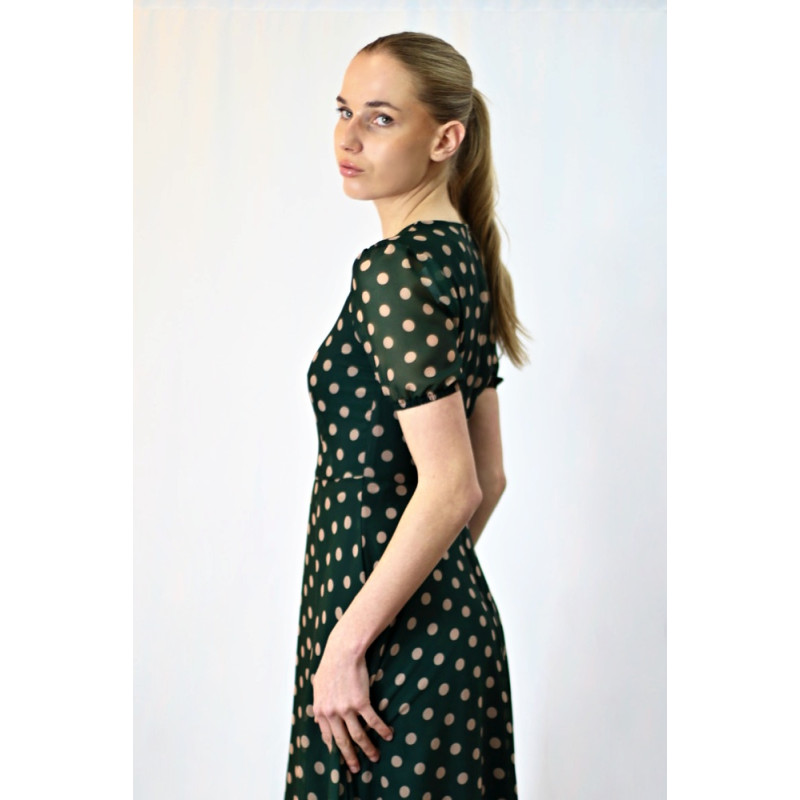 Damen-Chiffonkleid mit Punkten, dunkelgrün