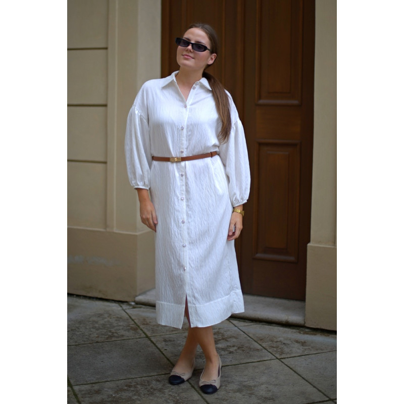 Midi-Hemdblusenkleid, geraffte Ärmel, cremefarben